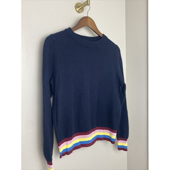 Kule Navy Blue Cashmere Blend Crewneck Sweater Rainbow Striped Cuff‎ Size Small - Picture 3 of 8